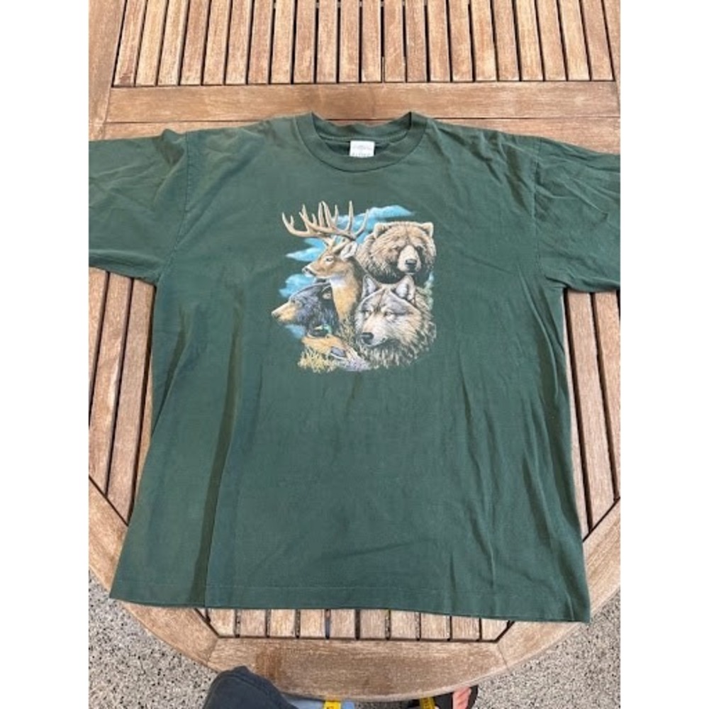 Vintage Aloré Wildlife Nature Graphic T-Shirt Forest Green Bear Deer Wolf XL USA